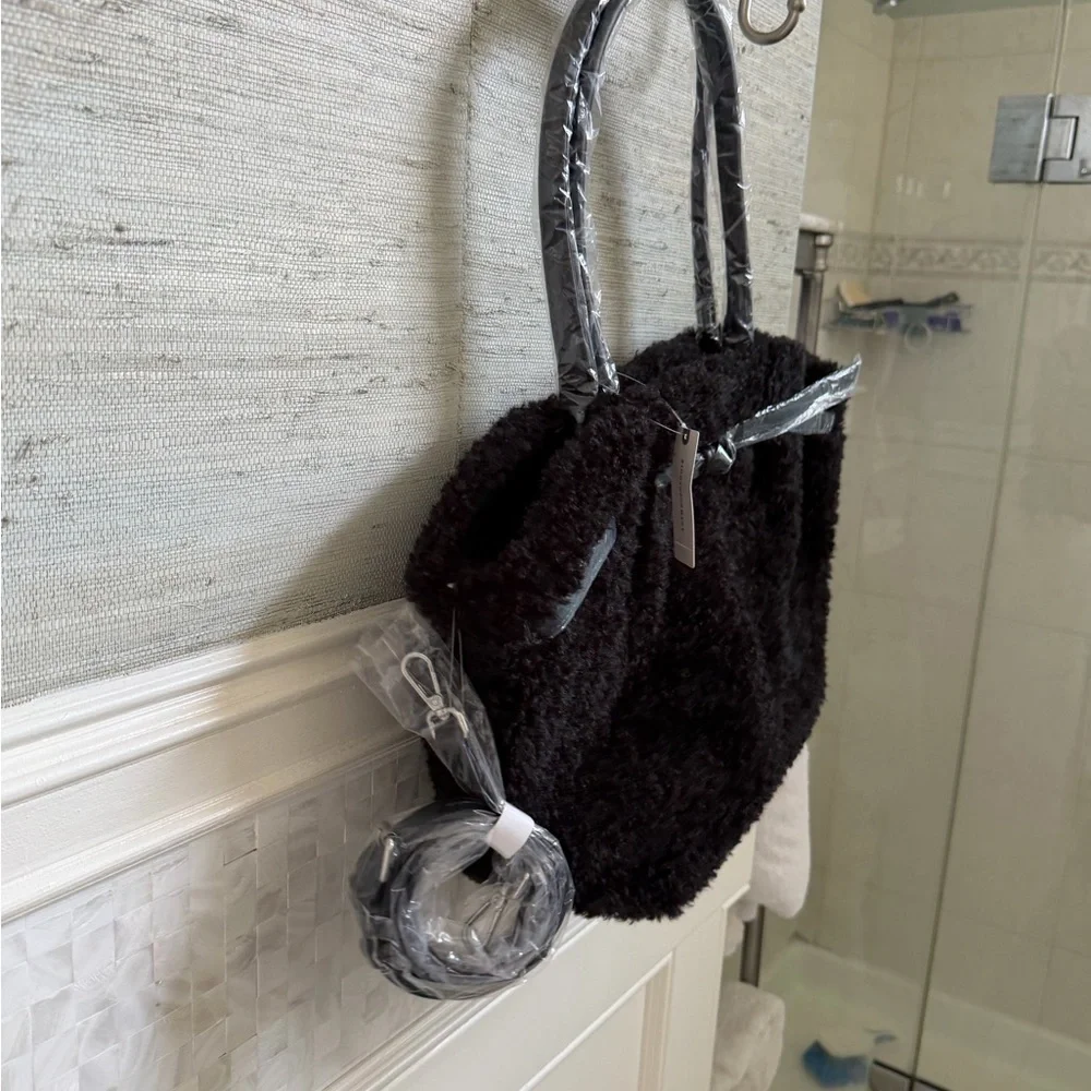 NWT new Anthropologie belted Sherpa tote bag crossbody black fuzzy